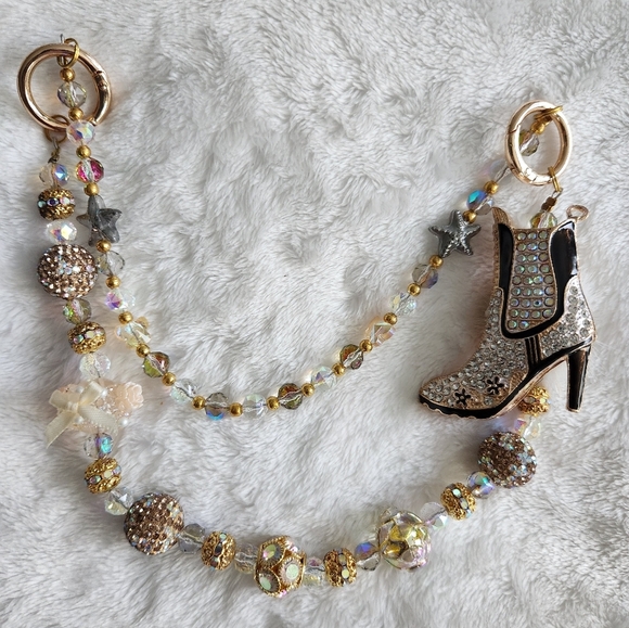 Gold and Brown Beaded Bag Charm Chain And Keychain Set Studded Boot Animal Print - Picture 2 of 16